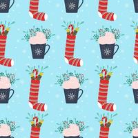 Weihnachtsbecher und Socke für Geschenke nahtlose Muster, Vektor-Illustration im flachen Stil vektor