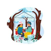 Geschenke für die Winterferien. Winterlandschaft mit zwei flachen Charakteren. Illustration eines Kerls, der einem Mädchen ein Geschenk gibt. vektor