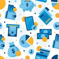 finansiella transaktioner med kontanter och onlinebankbetalningar vektor sömlösa mönster med ikoner av pengar, mynt och checkar. illustration i blå färger i platt stil.