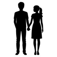 Paar von jung Teen Hochschule Studenten sind Stehen mit halten Hand jeder andere, Silhouette vektor