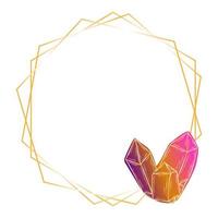 söt guld hexagon ram med rosa kristall för en bröllopsinbjudan, grattis på födelsedagen. linje vektor illustration av doodles.