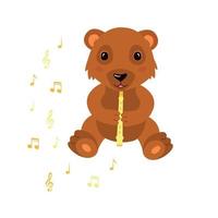 kleiner Babybär spielt die gelbe Flöte. Musiknoten herum. süßes Cartoon-Design für Babys, Kinderzimmer, Spielzimmer. flache vektorillustration vektor