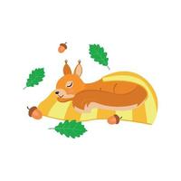 Kleines Baby-Eichhörnchen schläft in eine gelbe Decke gehüllt. um die Blätter der Eiche, Eicheln. süßes Cartoon-Design für Babys, Kinderzimmer, Spielzimmer. flache vektorillustration vektor