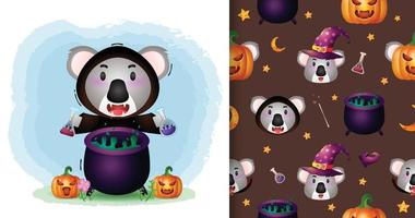 en söt koala med häxdräkt halloween karaktärssamling. sömlösa mönster och illustrationer vektor