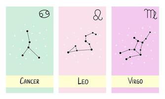 stjärnkonstellation zodiac cancer, lejon, jungfru. illustration för tryck, bakgrunder, tapeter, omslag, förpackningar, gratulationskort, affischer, klistermärken, textil och säsongsdesign. vektor
