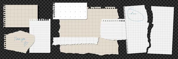 uppsättning av realistisk trasig papper, anteckningsbok lakan, gammal papper. trendig element för collage. årgång illustration på mörk bakgrund. vektor