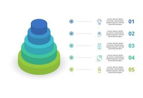 3d infographic pyramid, eller jämförelse Diagram med 5 färgrik svävar skikten. de begrepp av nivåer eller stadier av en företag projekt. realistisk infographic design mall. vektor