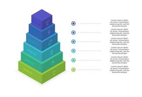 3d Infografik Pyramide, oder Vergleich Diagramm mit 6 bunt schweben Lagen. das Konzept von Ebenen oder Stufen von ein Geschäft Projekt. realistisch Infografik Design Vorlage. vektor