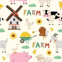 sömlös mönster med bruka djur. odla. barns söt skriva ut. ko, gris, get, gås, gås. illustration i platt stil. design för skriva ut, tyg, textil, tapet, omslag. vektor