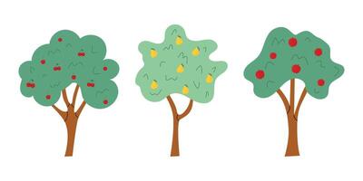 einstellen von Obst Bäume. Illustration im eben Stil. Apfel Baum, Birne Baum, Kirsche Baum. Weiß isoliert Hintergrund. vektor