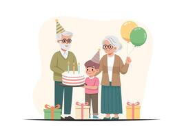 platt illustration av farföräldrar närvara deras barnbarns födelsedag parter med gåvoutdelning ballonger, och kaka. vektor