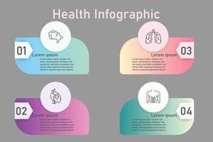 Infografik Gesundheit Pflege Vorlage zum Behandlung und Gesundheit Pflege Information Präsentation. geometrisch mit Organ Symbole und Beispiele Sätze. modern Arbeitsablauf Diagramme. Bericht planen 5 Themen vektor