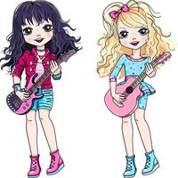 zwei Mädchen spielen Gitarre vektor