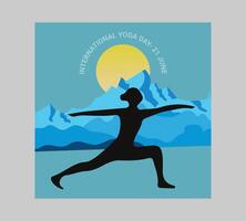 internationell yoga dag affisch med silhuett av en kvinna i yoga utgör vektor