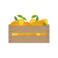 Holzkiste mit Zitrone und Orangenfrucht, isoliert auf weißem Hintergrund. Vektor-Illustration. vektor