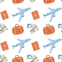 sömlös mönster med turistiska objekt bagage, biljetter och plan. ändlös textur handla om resa och flyg. platt illustration vektor
