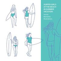 surfare flickor på de strand i sommar semester monoline illustrationer vektor