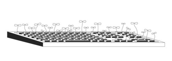 Computer Tastatur mit Pflanze Sprossen schwarz und Weiß 2d Illustration Konzept. Daten Eingang Gerät mit Gras Karikatur Artikel isoliert auf Weiß. Technologie und Natur Metapher einfarbig Kunst vektor