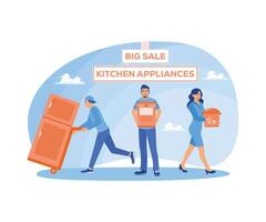 Menschen Geschäft zum Küche Ausrüstung. groß Verkauf auf Küche Ausrüstung. groß Verkauf Konzept. eben Illustration. vektor