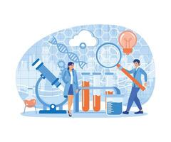 vetenskapsmän do dna forskning i de laboratorium. biologisk och kemisk experiment. bio teknologi begrepp. platt illustration. vektor