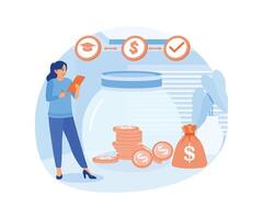 ung kvinna hantera personlig finanser. spara pengar i en burk för utbildning. finansiell utbildning begrepp. platt illustration. vektor