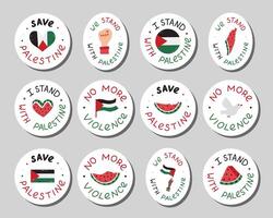 groß Aufkleber einstellen von wir Stand mit Palästina Embleme mit Beschriftung und Hand gezeichnet Clip Art. Wassermelone Scheibe, Gaza Flagge, Faust, Frieden Taube. bereit zum drucken aufführen von süß Aufkleber von kostenlos Gaza Konzept. vektor