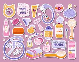 groß einstellen von Aufkleber mit süß Hygiene Artikel, Badezimmer und Dusche Zubehör. Sammlung von Hand gezeichnet Clip Art mit Produkte zum Hautpflege, Schönheit und Körper Pflege, selbst Liebe im modisch Karikatur Stil. vektor