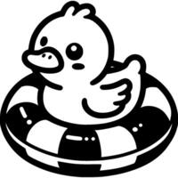 klein Ente Vogel Kind lernt zu schwimmen auf Rettungsring im einfarbig. Regeln von Verhalten zum Kinder im öffnen Wasser. einfach minimalistisch im schwarz Tinte Zeichnung auf Weiß Hintergrund vektor