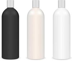 röhrenförmig kosmetisch Shampoo Flasche. Zylinder Paket. schwarz und Weiß Flasche einstellen isoliert auf Hintergrund. realistisch 3d Plastik Container zum Haar, Haut und Körper Hygiene. vektor