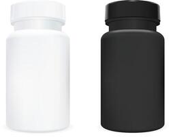 Ergänzung Flasche zum Medizin Kapsel. Pille Krug 3d Satz. Sport Droge Flasche schwarz und Weiß Design. Apotheke oder kosmetisch Medikation Container mit Deckel. medizinisch Sammlung Paket Attrappe, Lehrmodell, Simulation. vektor