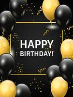 Lycklig födelsedag kort design med svart och gul ballonger och gyllene konfetti på svart bakgrund vektor