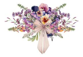 Hand gezeichnet Aquarell Illustration botanisch Blumen Blätter. Fingerhut Löwenmaul Lupine, Stiefmütterchen Viola, Weide Eukalyptus, Bergenia Rosa Lobelie Jasmin. Strauß isoliert auf Weiß. Design Hochzeit, Karten vektor