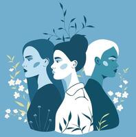 illustration av neutral gråblå toner av en kvinna stående tillsammans på en bakgrund av blommor. kvinnlighet, oberoende. feminism, kön jämlikhet, bemyndigande begrepp vektor