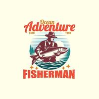 fiskare innehav en stor fisk, fiske bricka årgång logotyp grafisk illustration vektor