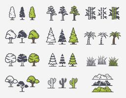 platt skog träd ikoner, trädgård eller parkera landskap element. vektor