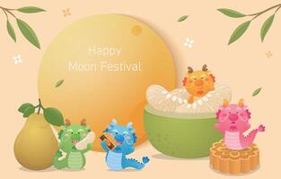 affisch av Lycklig firande av kinesisk mitt under hösten festival med drake maskot eller karaktär, full måne med pomelo och månkakor vektor