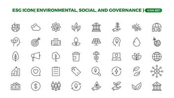 esg ikon set, miljömässigt, social, och styrning linje ikon. esg översikt ikoner med redigerbar stroke samling. inkluderar hållbarhet, sol- panel, återvinning, grön stad. vektor