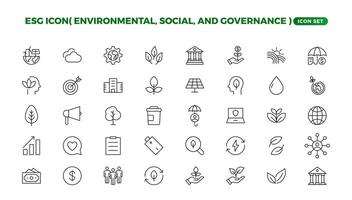 esg Symbol Satz, Umwelt, Sozial, und Führung Linie Symbol. esg Gliederung Symbole mit editierbar Schlaganfall Sammlung. beinhaltet Nachhaltigkeit, Solar- Tafel, Recycling, Grün Stadt. vektor