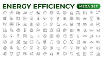 Energie Effizienz Symbol Satz. Taschenrechner, Energie sparen Licht Birne, Schweinchen Bank, Solar- Tafel, kreisförmig Wirtschaft, Batterie, Zuhause Isolierung, Energie Klasse Illustration vektor