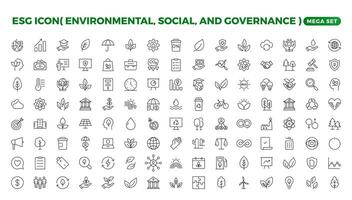 esg ikon set, miljömässigt, social, och styrning linje ikon. esg översikt ikoner med redigerbar stroke samling. inkluderar hållbarhet, sol- panel, återvinning, grön stad. vektor