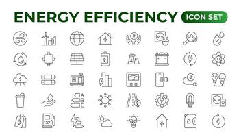 Energie Effizienz Symbol Satz. Taschenrechner, Energie sparen Licht Birne, Schweinchen Bank, Solar- Tafel, kreisförmig Wirtschaft, Batterie, Zuhause Isolierung, Energie Klasse Illustration vektor