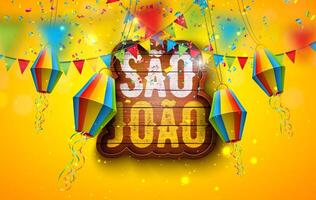 festa junina Illustration mit Party Flaggen und Papier Laterne auf Gelb Hintergrund. Brasilien Juni sao Joao Festival Design mit Typografie Brief auf Jahrgang Holz Tafel zum Gruß Karte vektor