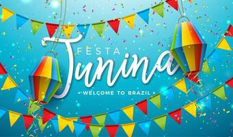 festa junina illustration med fest flaggor och papper lykta på blå molnig bakgrund. Brasilien juni traditionell Semester festival design för firande baner, hälsning kort, inbjudan eller vektor