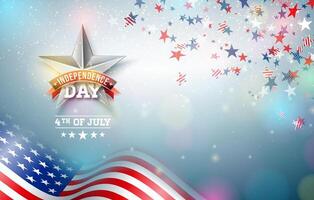 4:e av juli oberoende dag av de USA illustration med amerikan flagga och stjärna symbol på skinande faller konfetti bakgrund. fjärde av juli nationell firande design för baner, hälsning vektor