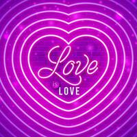 stolthet månad lgbtq baner design med lysande neon ljus hjärta symbol och kärlek är kärlek text på lila tegel vägg bakgrund. HBTQ händelse baner design för firande affisch, inbjudan vektor