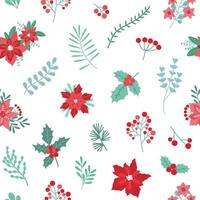 jul Semester sömlös mönster med grön och röd säsong- dekorativ växter på vit bakgrund. bakgrund med traditionell xmas blommig dekorationer. festlig illustration för tyg skriva ut. vektor