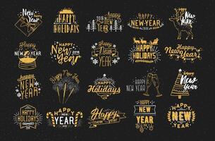 samling av festlig Lycklig ny 2018 år hand dragen text dekorerad med Semester element - fyrverkeri, champagne, snö klot, ljus krans, grannlåt, snöflingor, granar. illustration. vektor
