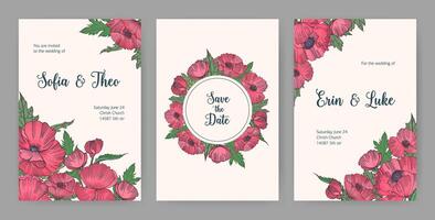samling av skön mallar för spara de datum kort eller bröllop inbjudan med rosa blomning vallmo blommor hand dragen på ljus bakgrund och plats för text. elegant blommig illustration. vektor