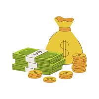 en full gul väska med en dollar tecken och en stack av kontanter sedlar och mynt. en symbol av rikedom, besparingar. vektor