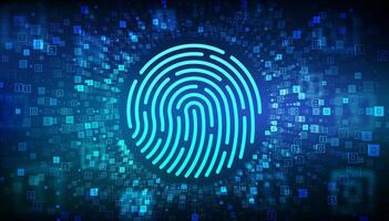 fingeravtryck. biometri Identifiering och godkännande. Lösenord kontrollera genom fingeravtryck. cyber säkerhet begrepp. binär data flöde. virtuell tunnel varp tillverkad med digital koda. illustration. vektor